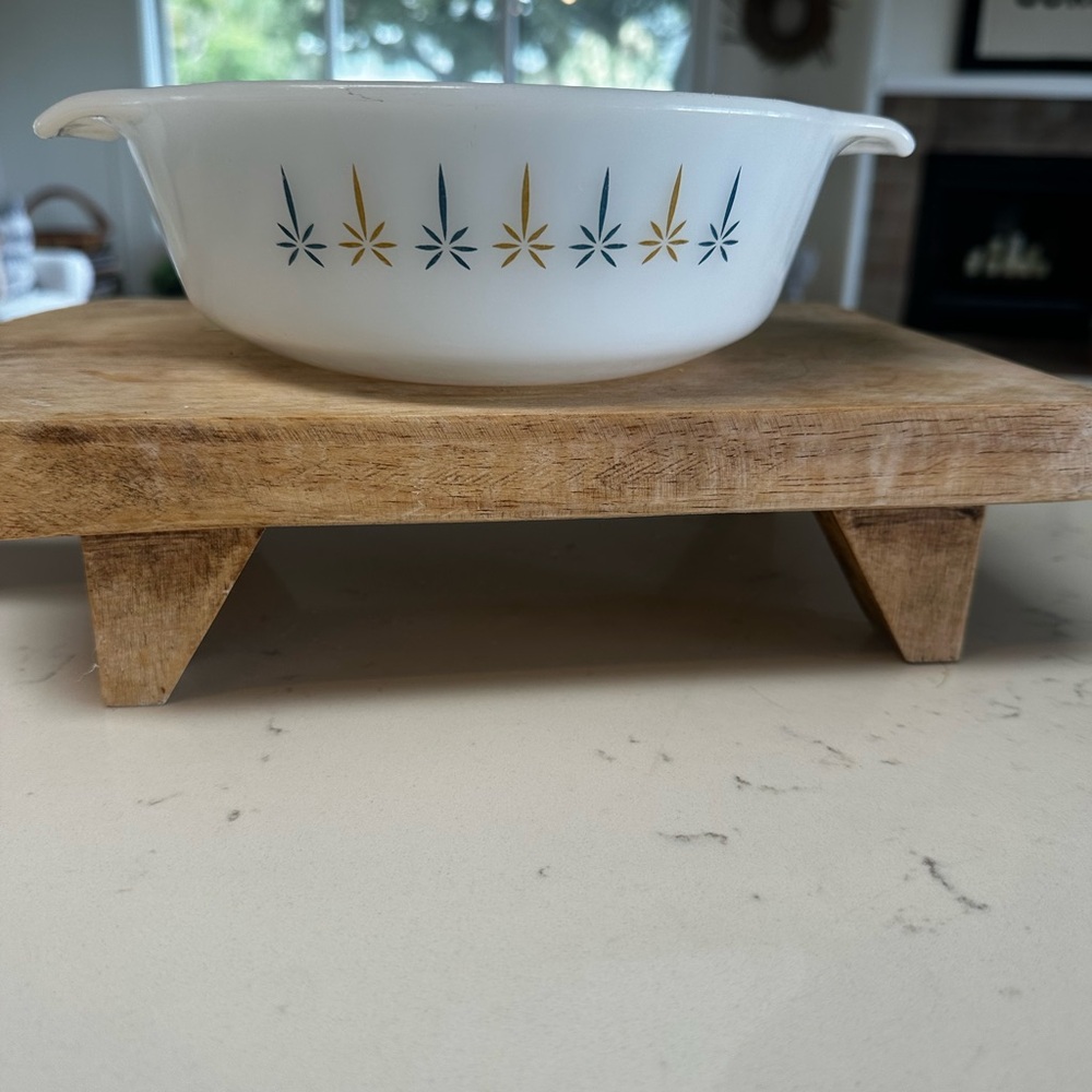 Vintage 1960s Anchor Hocking White Bowl with Blue and Gold Starburst Design